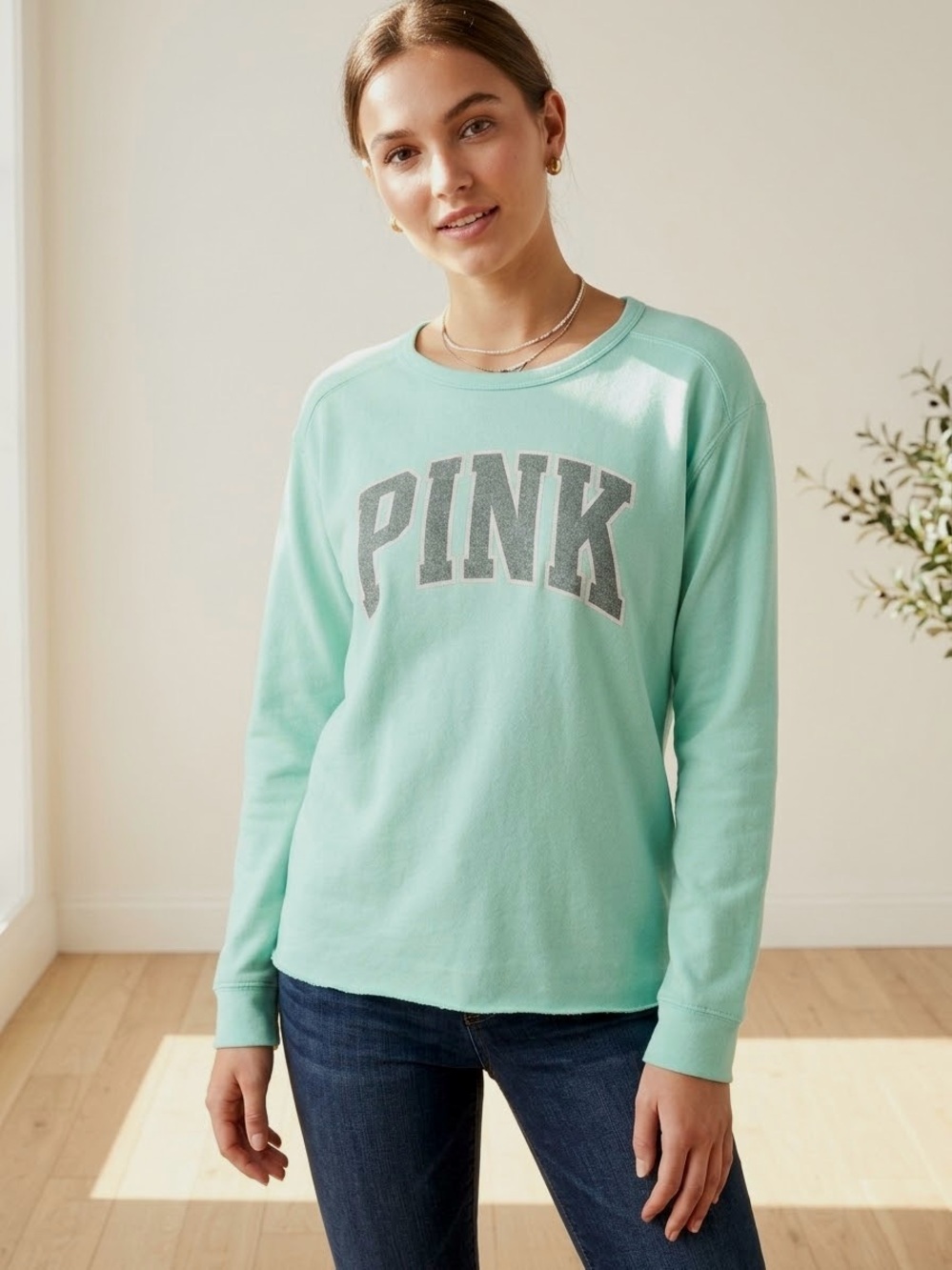 PINK Victoria's Secret Mint Green Glitter Logo Long Sleeve Sweatshirt